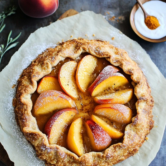 A peach pie with a dusting of powdered sugar.