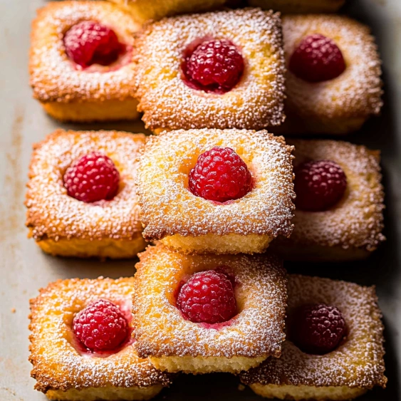 A stack of raspberry and white powdered sugar pastries.