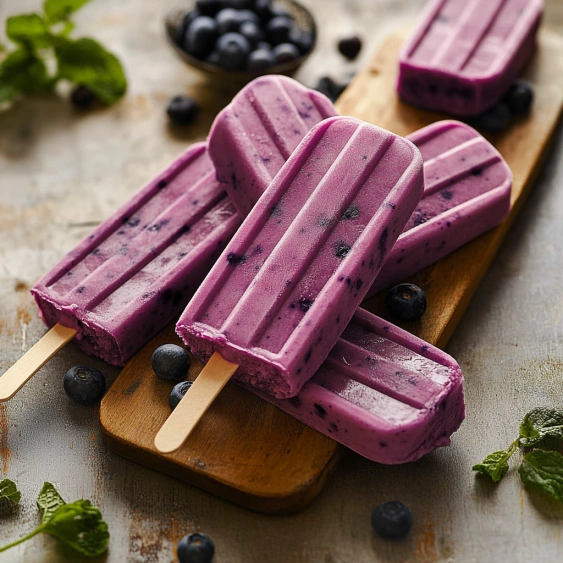 Two purple frozen desserts with blueberries on a wooden board.