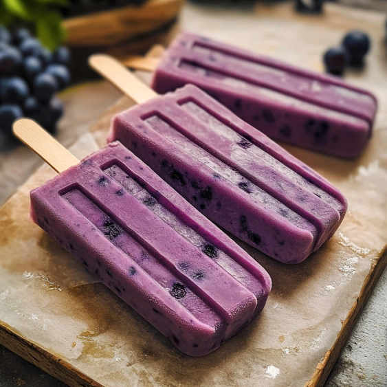 Two purple frozen desserts on a wooden board.