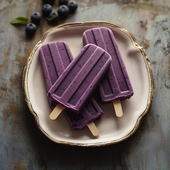 Three purple frozen desserts on a plate.
