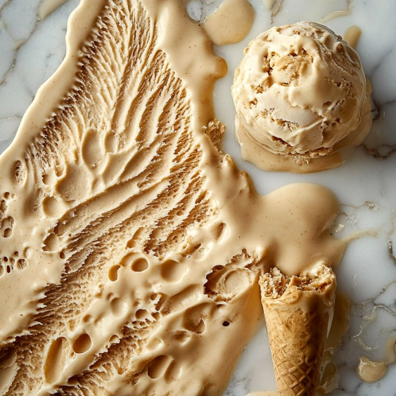 A scoop of ice cream on a marble counter.