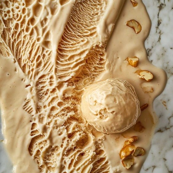 A scoop of ice cream on a marble counter.