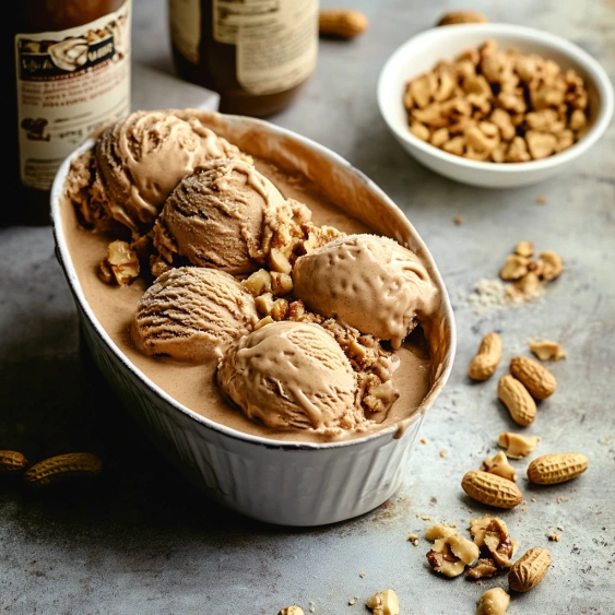 A bowl of ice cream with nuts on the table.