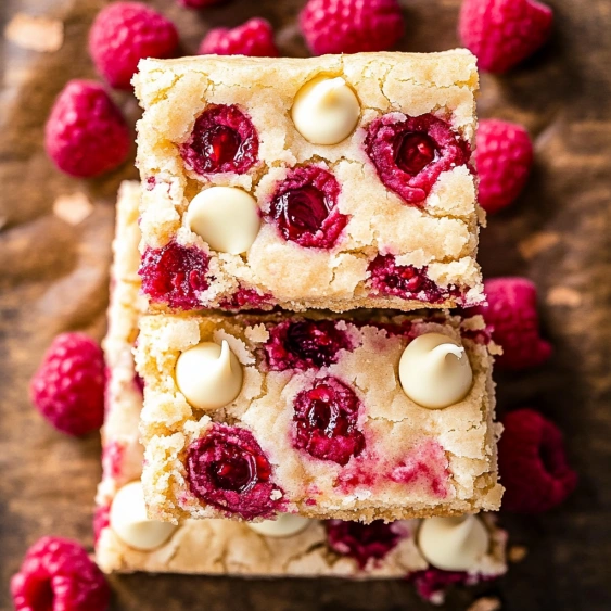 A square of raspberry cheesecake with white chocolate chips.
