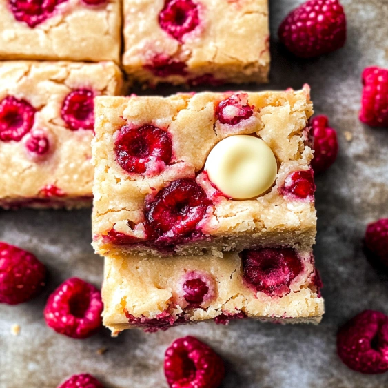 A square of cake with white frosting and raspberries on top.