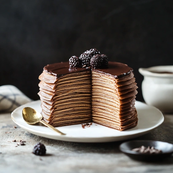 A stack of pancakes with blackberries on top.