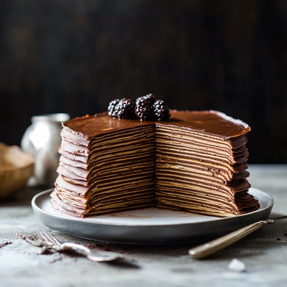 A slice of chocolate cake with blackberries on top.