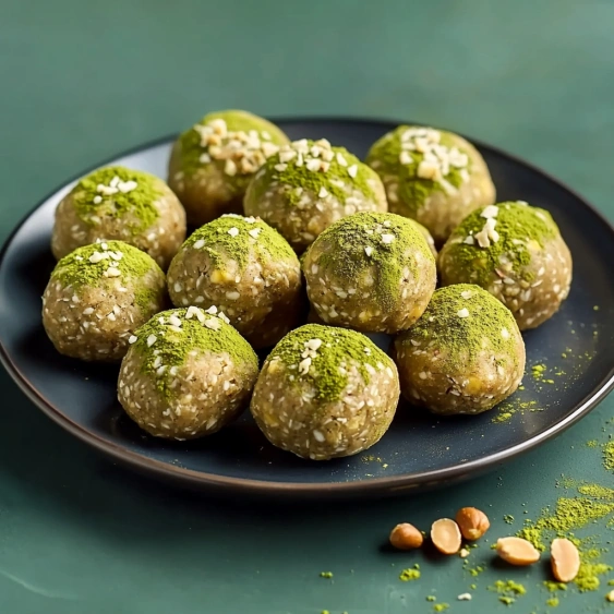 A plate of green balls with nuts on the side.
