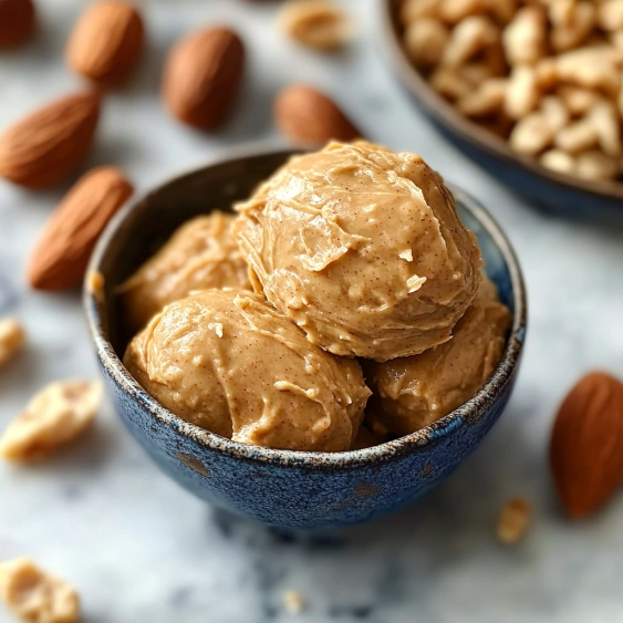 A bowl of peanut butter with nuts on the side.