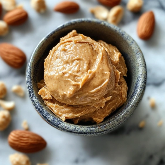 A bowl of peanut butter on a table.