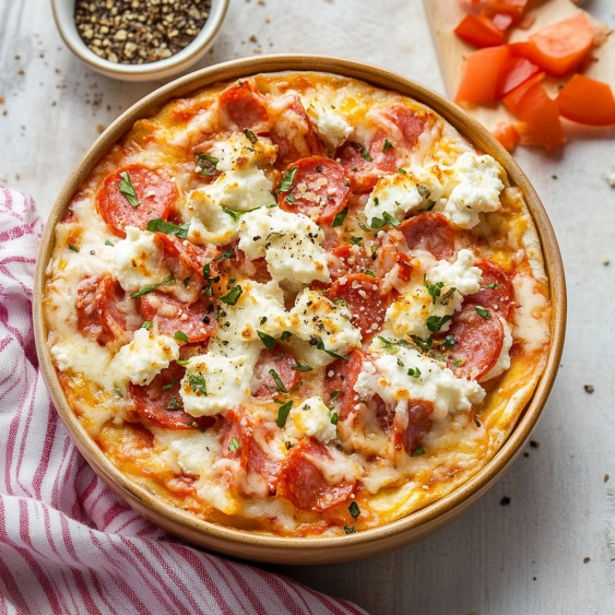 A pizza with cheese and tomatoes.