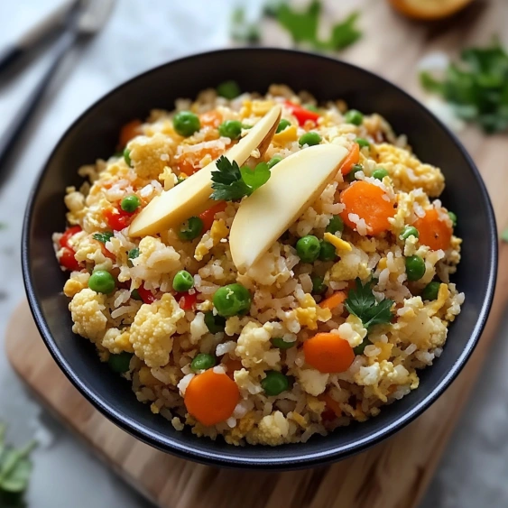 A bowl of rice with peas and carrots.