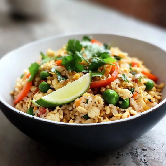 A bowl of rice with vegetables and lime.