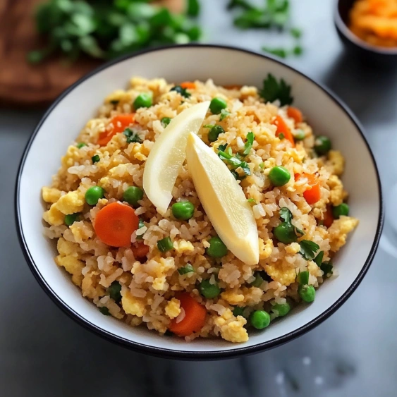 A bowl of rice with peas and carrots.