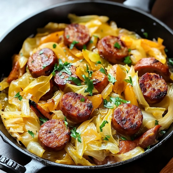 A pan of food with sausage and vegetables.