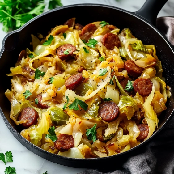 A black skillet with a sausage and vegetable dish.
