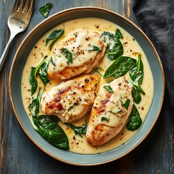 A plate of chicken with greens on top.