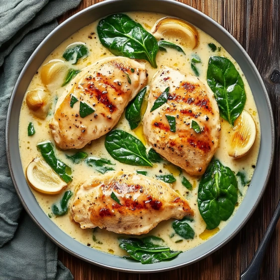 A plate of chicken with greens and lemon.
