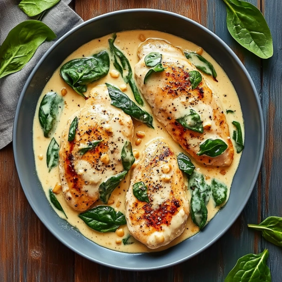 A bowl of chicken with spinach and cream sauce.