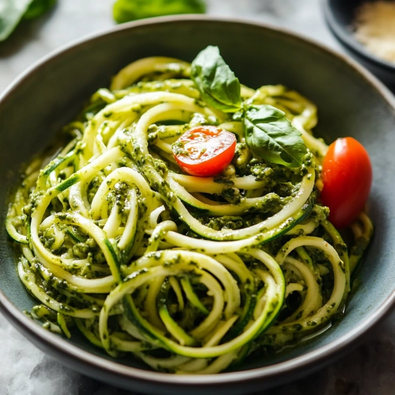 A bowl of zucchini noodles with tomatoes and basil.