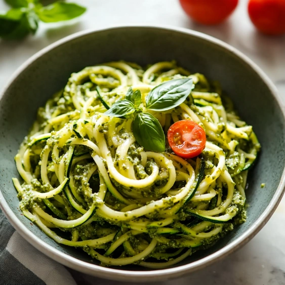 A bowl of zucchini noodles with tomatoes and basil.