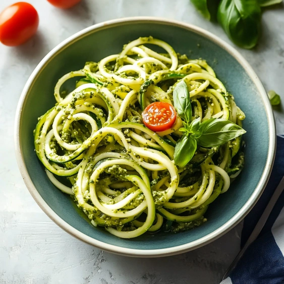 A bowl of pasta with tomatoes and basil.