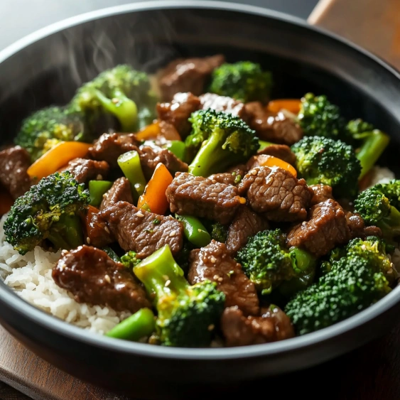 A bowl of food with broccoli and meat.
