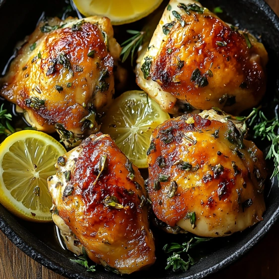 A bowl of chicken with lemon slices.