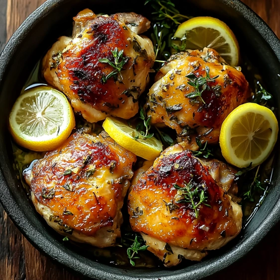 A bowl of chicken with lemon slices.
