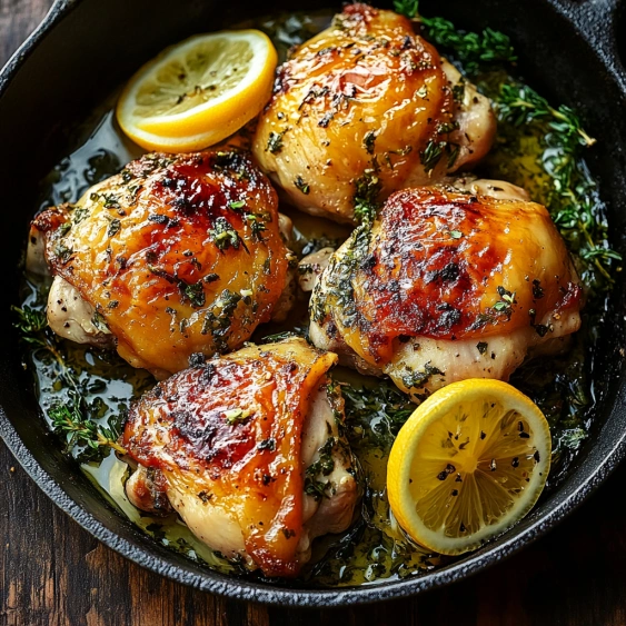 A pan of chicken with lemon and herbs.
