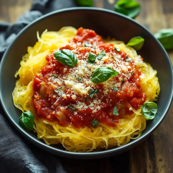 A bowl of spaghetti with sauce and herbs.