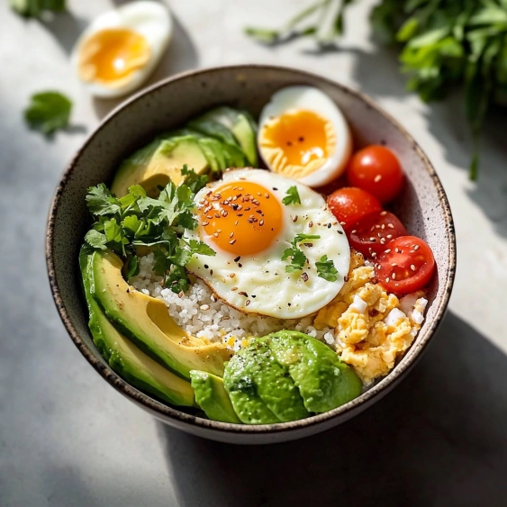A bowl of food with eggs, tomatoes, and avocado.