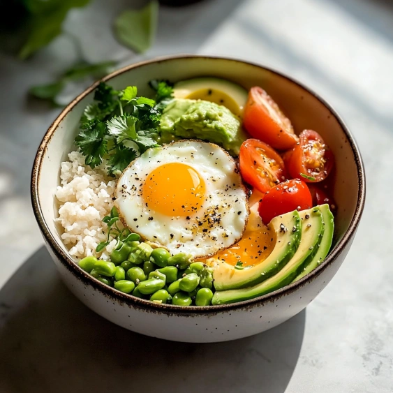 A bowl of food with rice, tomatoes, avocado, and eggs.