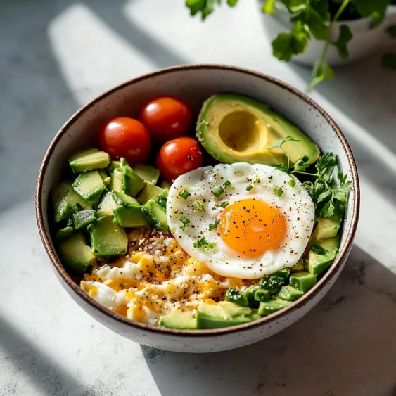 A bowl of food with eggs, tomatoes, avocado, and other vegetables.