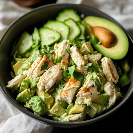 A bowl of food with chicken, avocado, and cucumber.