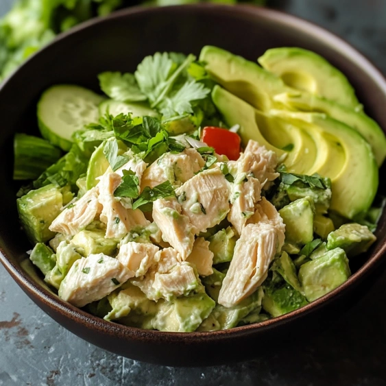A bowl of chicken salad with avocado.