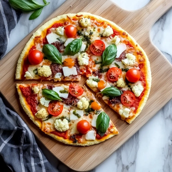 A pizza with tomatoes, spinach, and cheese.
