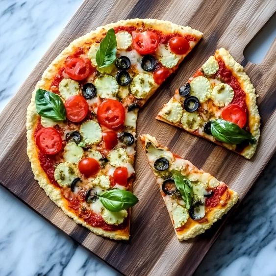 A pizza cut into four slices.