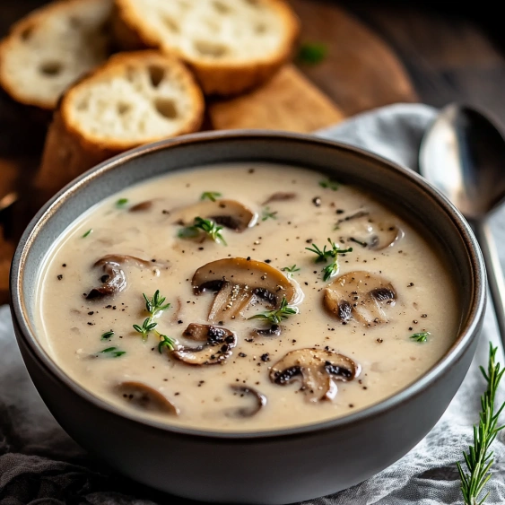 A bowl of soup with mushrooms and bread.