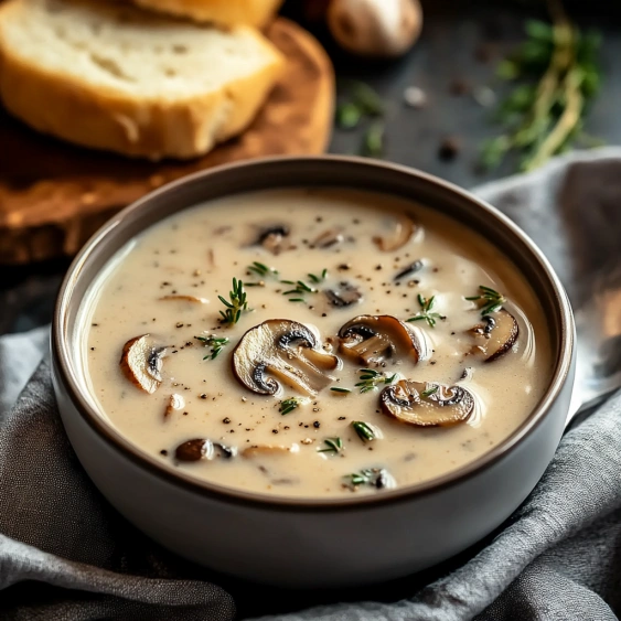 A bowl of soup with mushrooms and herbs.