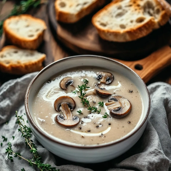 A bowl of soup with mushrooms and herbs.