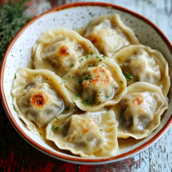 A bowl of food with a green garnish.