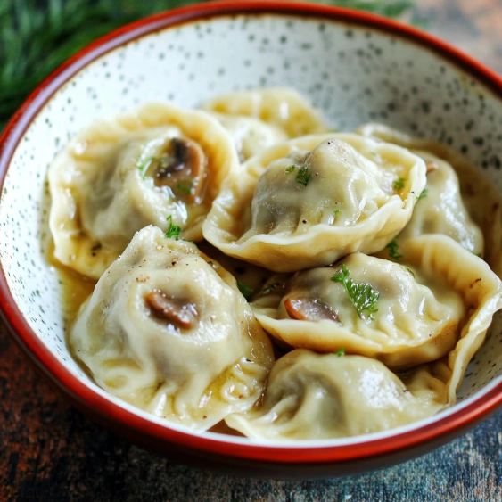A bowl of mushroom dumplings.