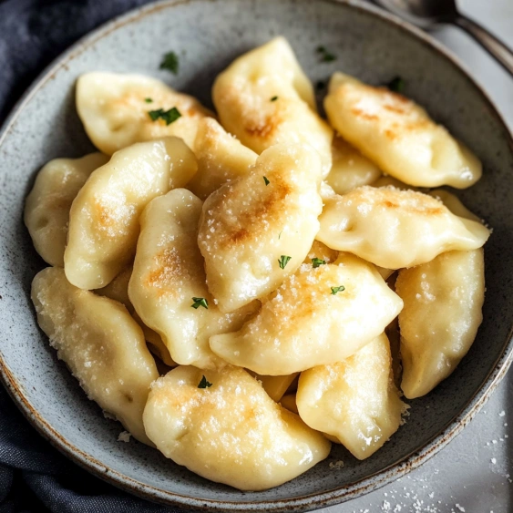 A bowl of pasta with cheese and herbs.