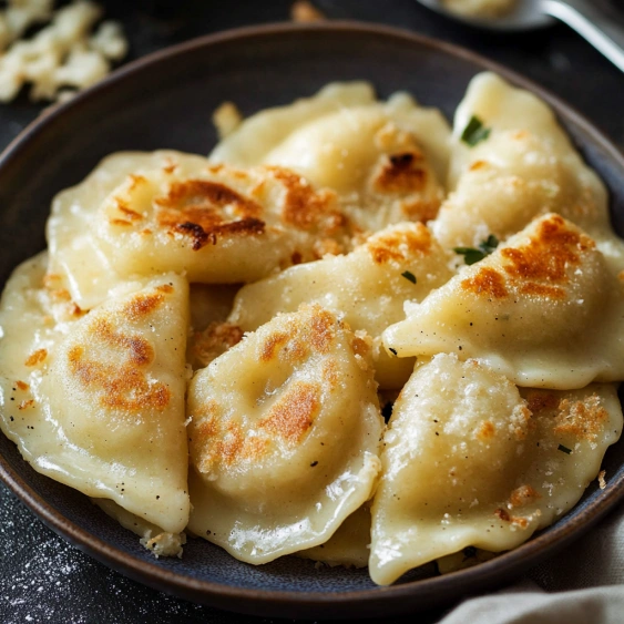 A plate of pasta with cheese and herbs.