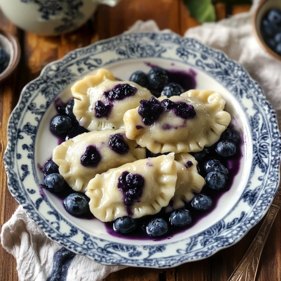 A plate of food with blueberries on top.