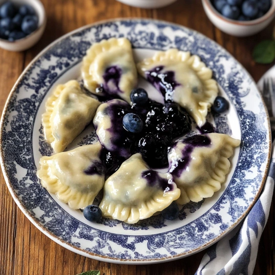 A plate of food with blueberries and purple sauce.