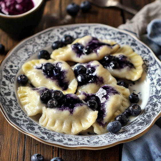 A plate of food with blueberries on top.