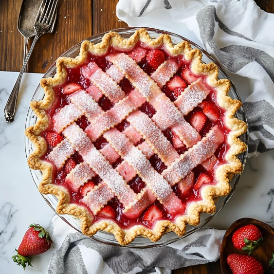 A pie with strawberries and powdered sugar.